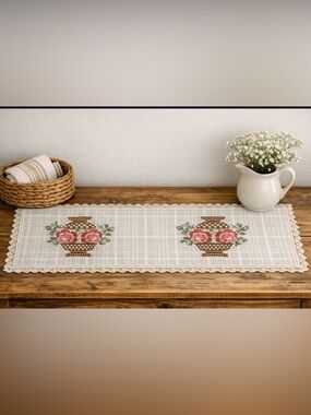 Vintage Embroidered Floral Table Runner with Lace Edging